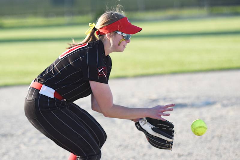 Bradley-Bourbonnais' Abbie Hofbauer fields a grounder during a game at Bishop McNamara Thursday, May 7, 2026.