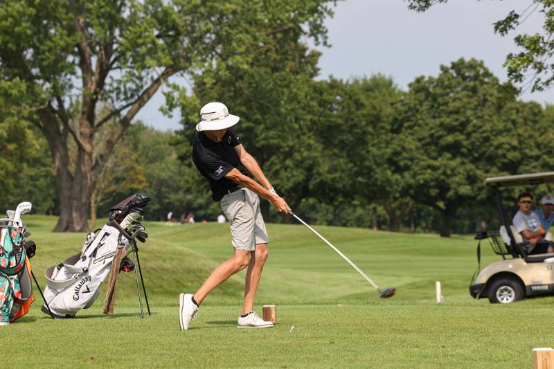 Manteno's Landon Bukowski tees off during the Bill Breeden All-Area Classic at the Kankakee Elks on Monday, Aug. 18, 2025. Bukowski scored 81 to take third place individually.