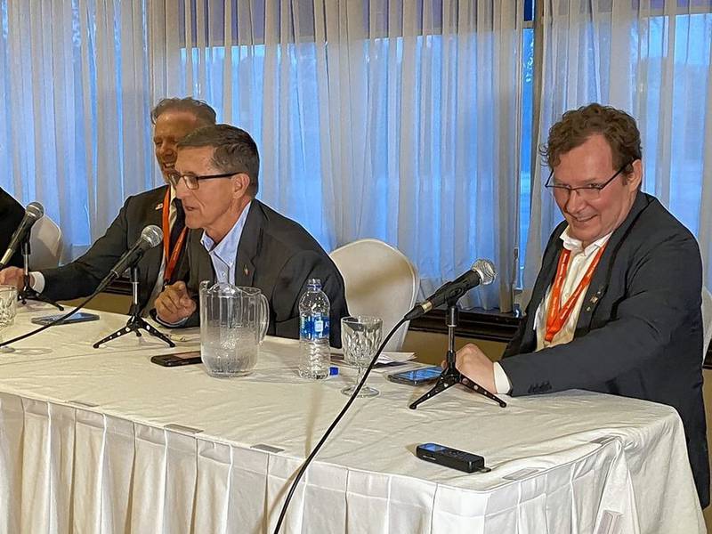 From left, GOP gubernatorial candidate Gary Rabine, retired Army Lt. Gen. Michael Flynn and GOP U.S. Senate candidate Bobby Piton, a Geneva resident, take turns speaking Friday at a campaign fundraiser in Niles.