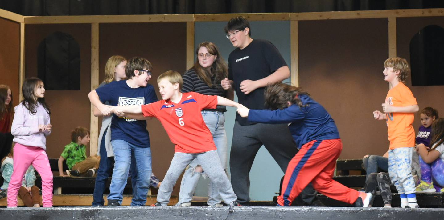 The Herdmans decide to put Charlie in the pageant as King Herod while his mother, Grace tries to break it up and rescue her son. Left to right: Emersyn Arbogast, Mady Weilacher, Wesley Diehl, Kane Bitler, Mikkayla Hinkle, Caleb Jones, Jonathan Zell, and Oliver Green.