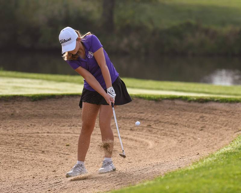 Breanna Burke of Joliet Township chips out of the sand during the Southwest Prairie conference meet on Wednesday Sept. 24, 2025, held at Blackberry Oaks Golf course in Bristal.
