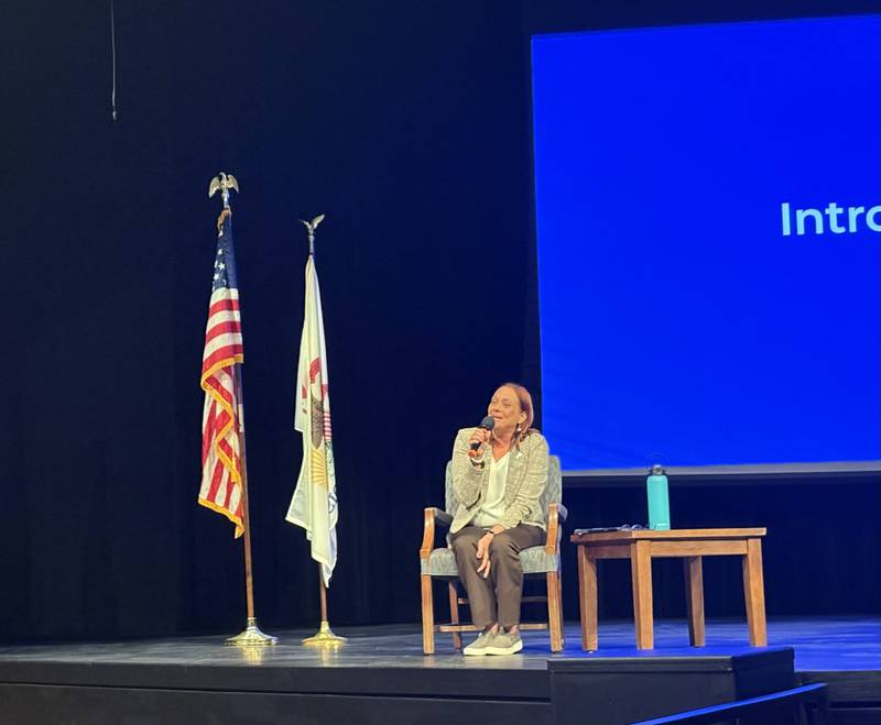 State Rep. Amy Murri Briel speaks to residents Monday, Aug. 12, at Illinois Valley Community College during the second session of her district town hall series.