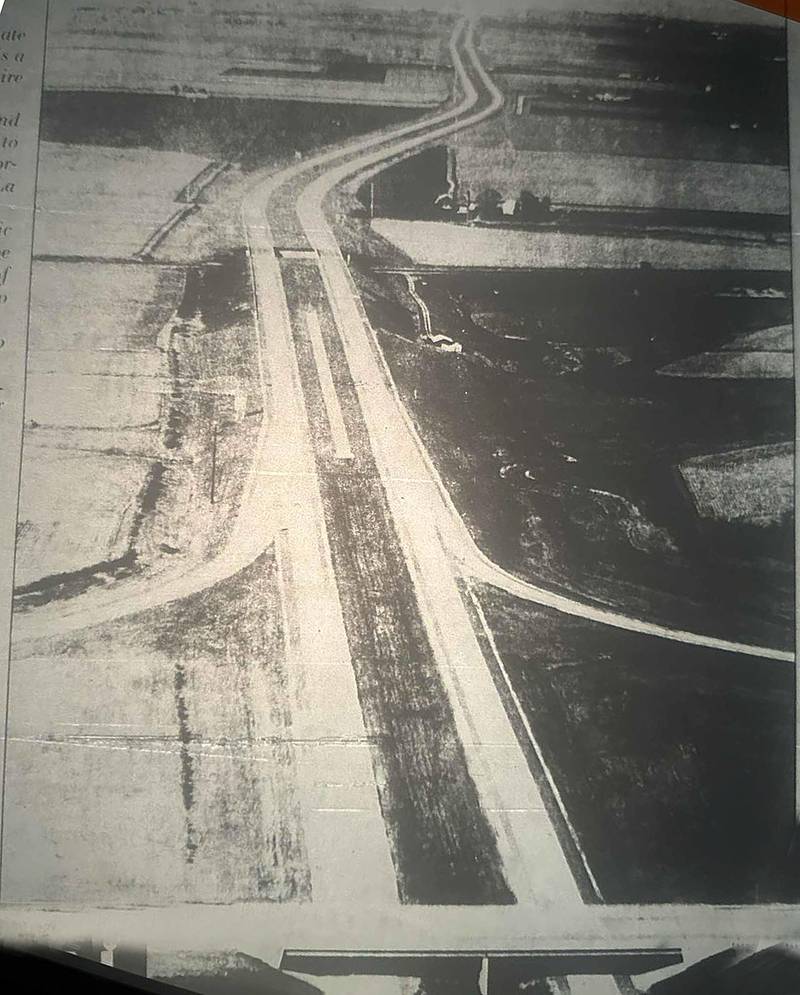 An aerial view of Interstate 39 looking north of Mendota in 1985.  On Friday, Oct. 18, 1985 former Illinois Gov. Jim Thompson, traveled to Mendota to conduct a ceremony commemorating the opening of Interstate I-39 between Mendota and Rochelle.