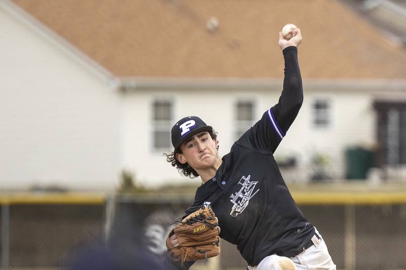 Plano's Kaden Aguirre delivers a pitch during a game with Genoa-Kingston on March 20, 2023.