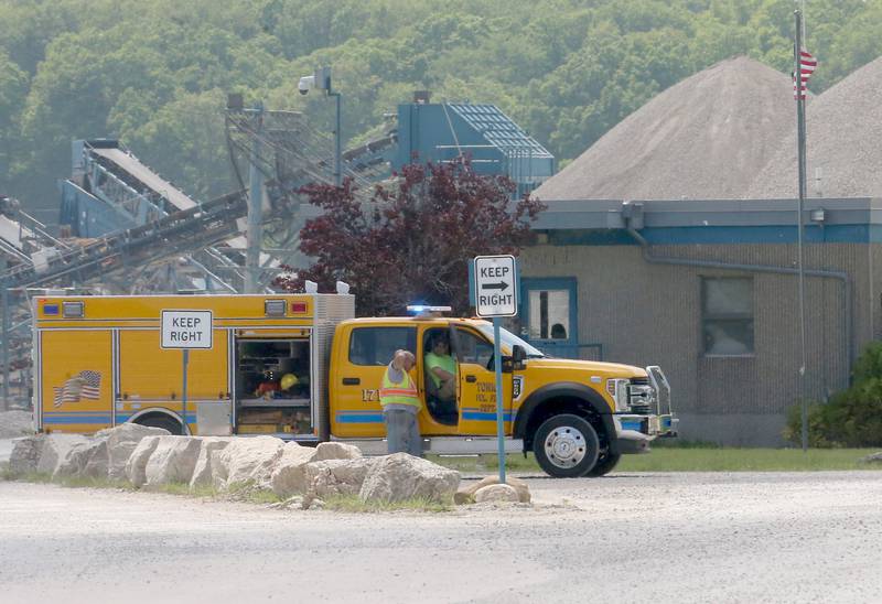 A Tonica fire truck stages at the Vermilion River Quarry to assist in a rescue a group of individuals who's raft overturned while on the Vermilion River on Wednesday, May 16, 2024 near Lowell. The group were stranded on a island about a half-mile west of the Illinois Route 178 bridge. The incident happened around 1p.m.