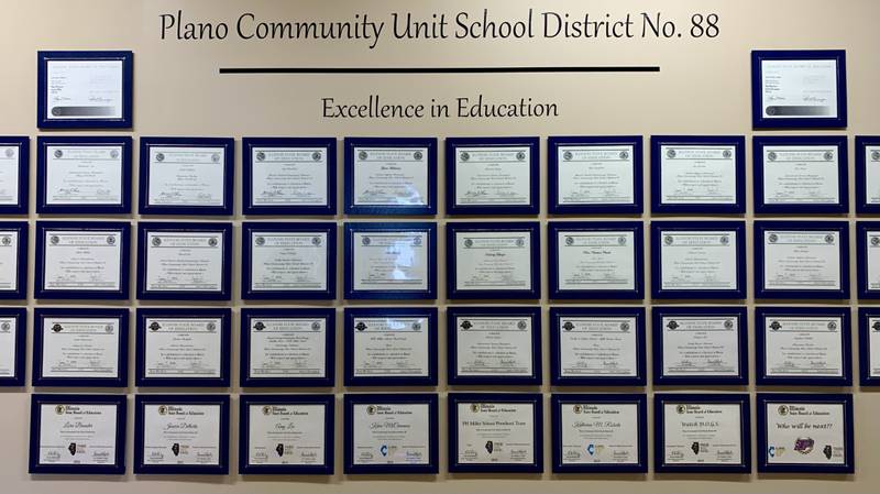 Plano Community Unit School District #88 has received over 60 awards and recognitions from the Illinois State Board of Education, and displays many of the awards at the district offices at 800 S. Hale St. in Plano IL 60545.