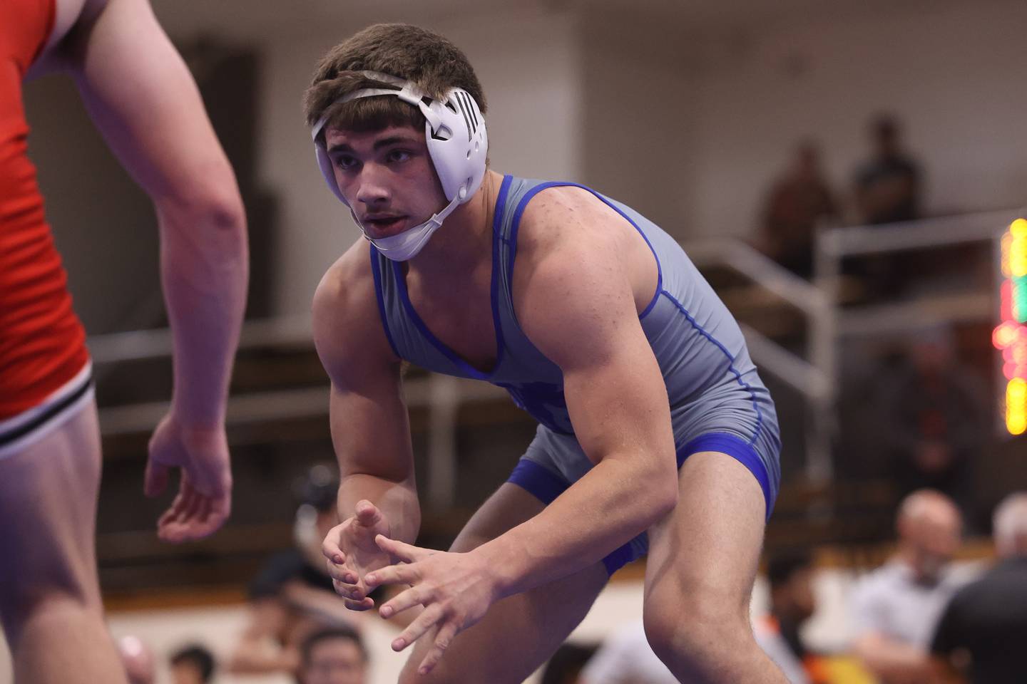 Peotone’s Marco Spinazzola faces off with Marist’s Eamonn Boyle in the 152 pound semifinal at the Joliet Central McLaughlin Classic in Joliet.