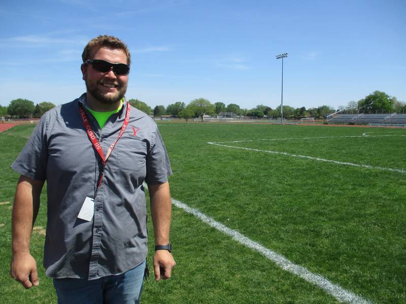 Yorkville School District Y115 Maintenance Supervisor David Yodelis will oversee installation of synthetic turf at the Yorkville High School football field. Seen here May 11, 2023, Yodelis was playing football on the field a decade ago as a YHS student.