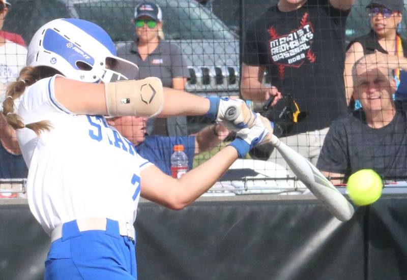 St. Charles North's Mackenzie Patterson makes contact with the ball during the Class 4A championship game on Saturday, June 8, 2024 at the Louisville Slugger Sports Complex in Peoria.