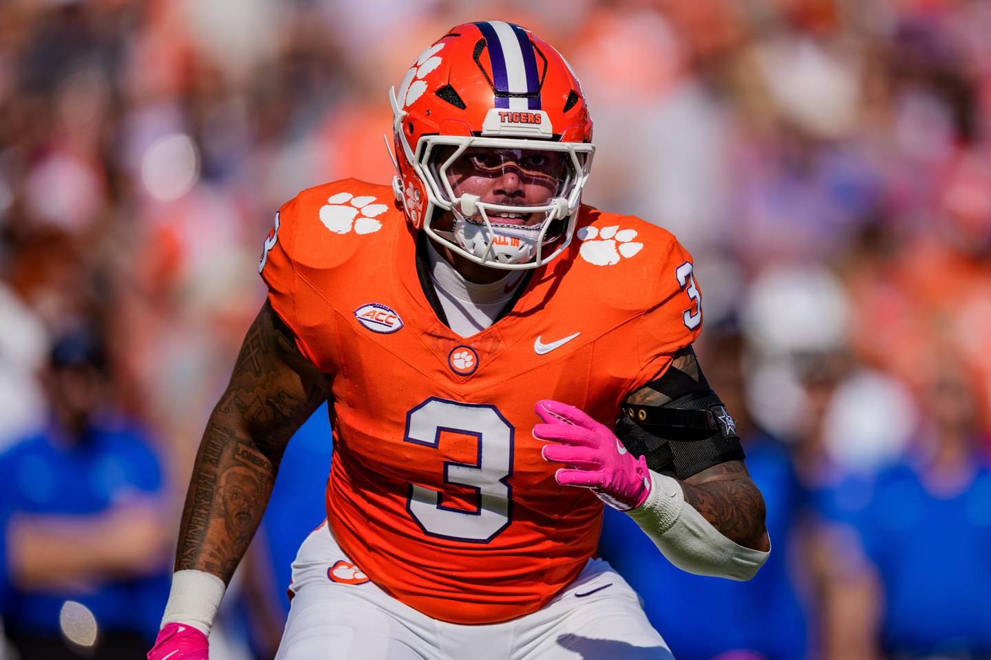 Clemson defensive end T.J. Parker (3) plays during an NCAA college football game between Clemson and SMU, Saturday, Oct. 18, 2025, in Clemson, S.C. (AP Photo/Jacob Kupferman)