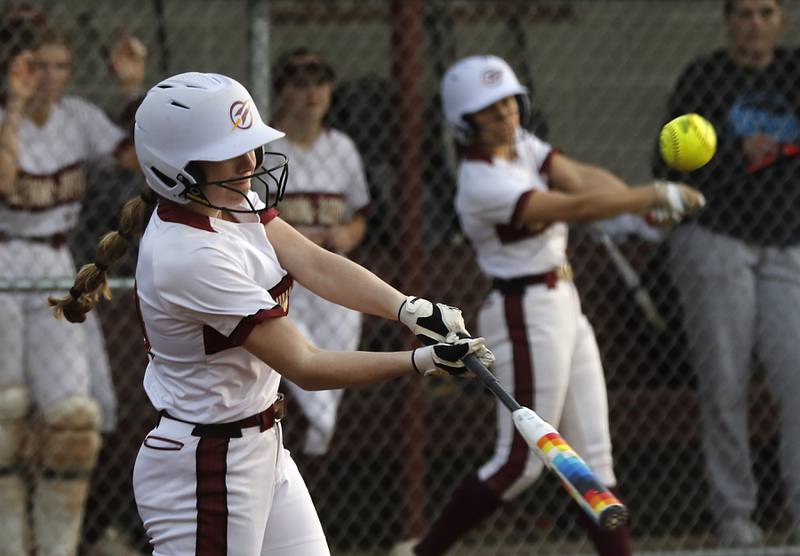 Richmond-Burton’s Lilly Kwapniewski connects with the ball during a nonconference softball game against Prairie Ridgeon on Tuesday, March 18, 2025, at Richmond-Burton High School.
