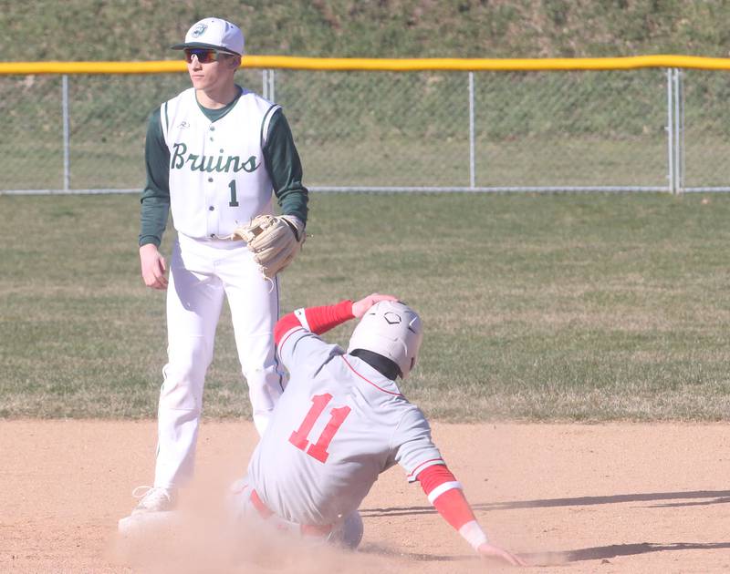Ottawa's Adam Swanson steals second base as St. Bede's Aiden Mullane waves off the throw on Wednesday, March 20, 2024 at St. Bede Academy.