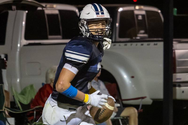 Eddie Lorton of Fieldcrest celebrates touchdown on Friday, September 20, 2024 at Fieldcrest high school in Minonk.