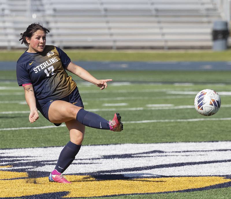 Sterling’s Illyana Moreno boots the ball upfield against Streator Friday, May 15, 2026, during the Class 2A regional soccer quarterfinal.