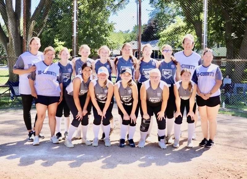 The Bi-County Junior League Softball All-Stars defeated Mendota 14-9 in Sunday's District 20 championship game to advance to the state tournament in Burbank this weekend. Team members are (front row, left to right) Elizabeth Parcher, Britney Trinidad, Eden Carlson, Sarah Schenum, Avery Sherman, Alexis Margis and Brandi Margis; and (back row) coach Shannon Jenkins, Kami Nauman, Chloe Parcher, Paige Tonioni, Myah Richardson, Piper Terando, Kennedy Holocker and coach Steve Tonioni.