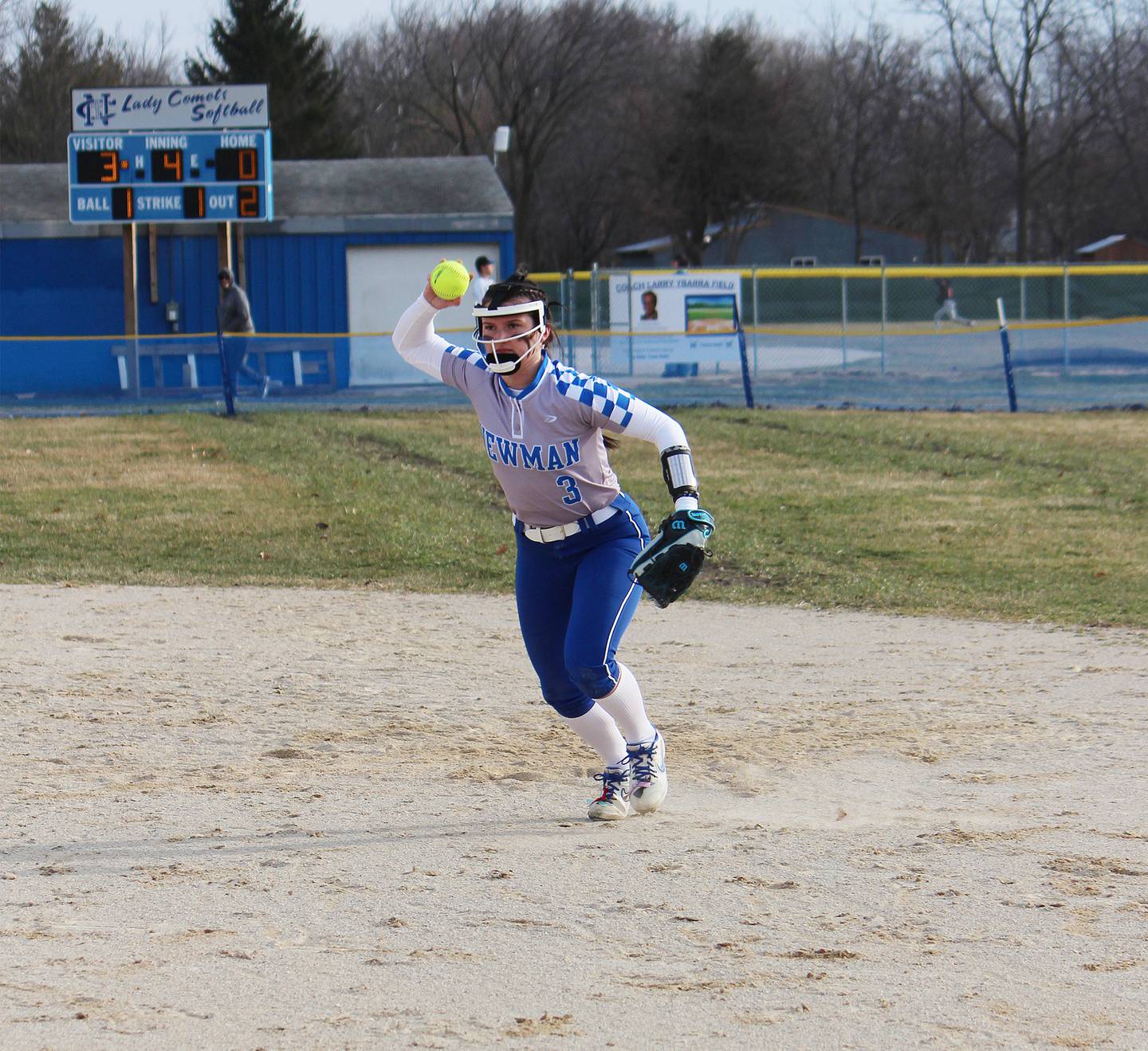 Newman's Addison Foster throws to first base against Kewanee on Thursday, March 30, 2023 during their Three Rivers East game in Sterling.