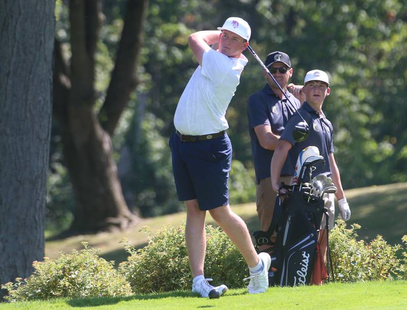 Marmion's Luke Feltner tees of during the Pirate Invitational on Monday, Sept. 15, 2025 at Deer Park Golf Club in Oglesby.