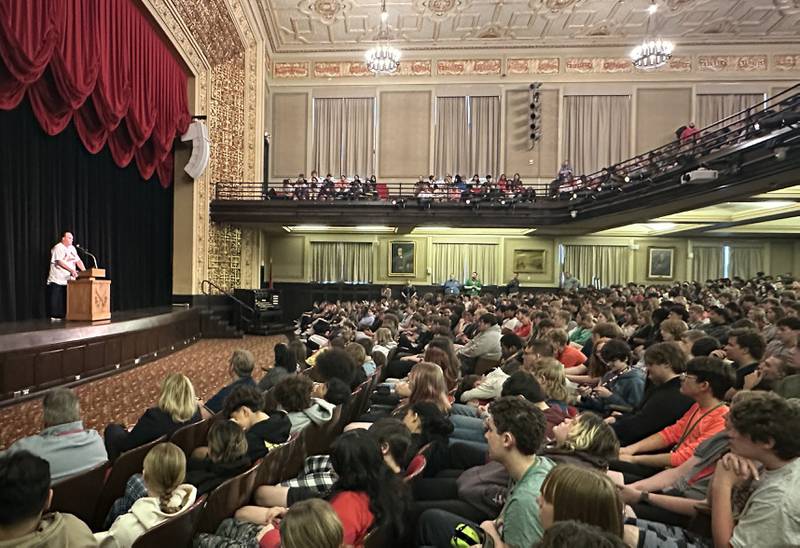 Former Major League Baseball infielder Scott Spiezio taks a photo while speaking to students in Matthiessen Auditorium on Wednesday, Oct. 24, 2024 at La Salle-Peru Township High School.