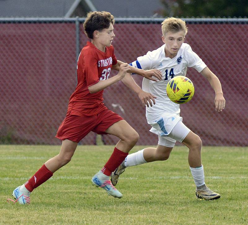 Streator’s Evan Graff and Plainfield South’s  Adam DeBoni  give chase to the ball in the 1st half during match Tuesday at Streator.