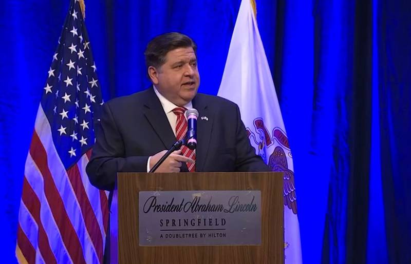Gov. JB Pritzker speaks at a lobby day for the Illinois Manufacturers' Association and Illinois Retail Merchants Association on Wednesday, April 26, 2023, in Springfield.