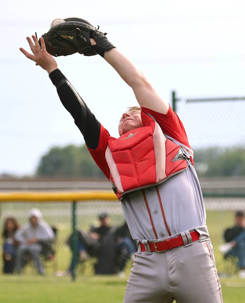 LaSalle-Peru's Brandon Lamps catches a foul ball Tuesday, May 12, 2026, during their game at Kaneland High School in Maple Park.