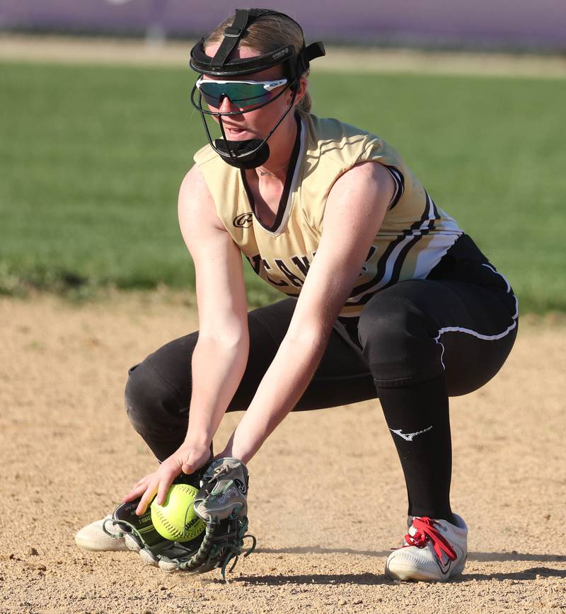 Sycamore's Keera Trautvetter fields a ground ball at second Monday, April 15, 2024, during their game against Rochelle at Rochelle High School.
