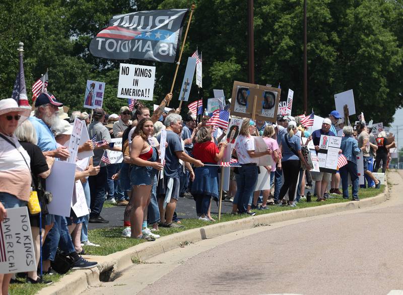 Protesters chant and wave flags along Sycamore Road Saturday, June 14, 2025, during a No Kings rally at Hopkins Park in DeKalb. The group was protesting the policies of President Donald Trump and his administration.