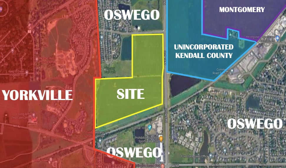 Site map for Tuscany Station, a residential development, and possible future METRA station at the southwest corner of Orchard Road and Tuscany Trail in Oswego.