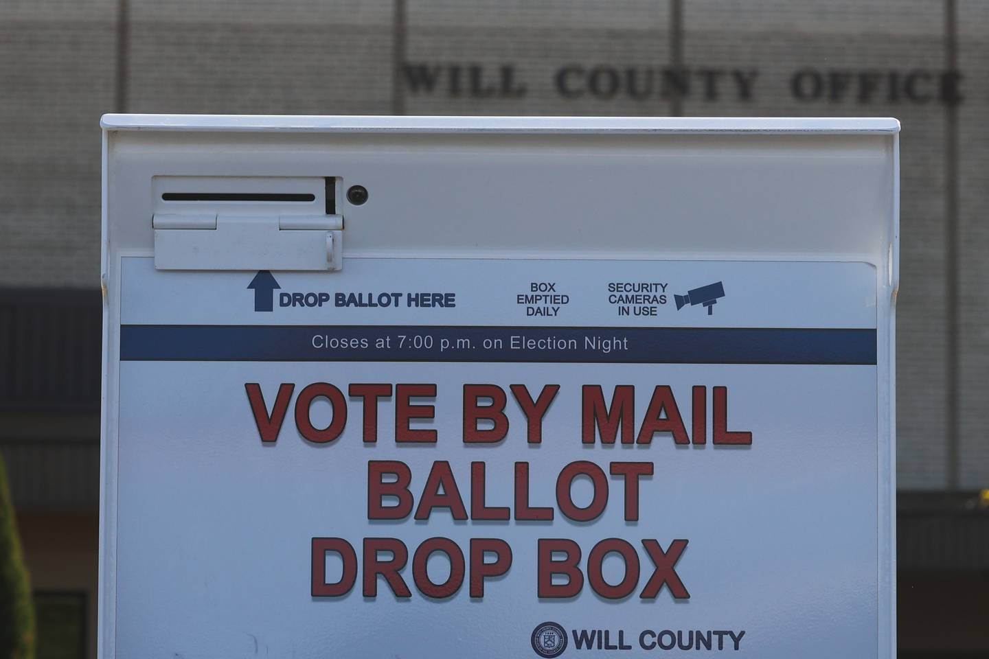 A mail ballot drop box sits outside the Will County Office Building in Downtown Joliet.