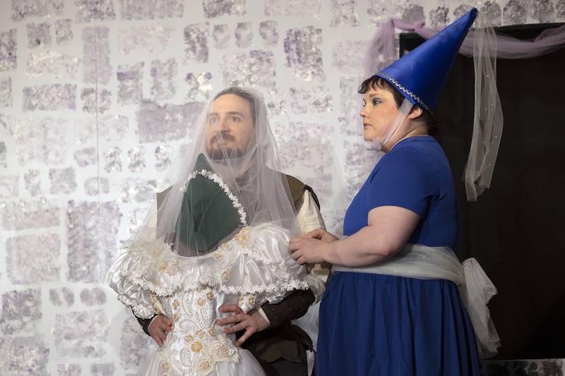 Micah Megill, playing Robin Hood, and Ashley Rinehart, playing Lady in Waiting, rehearse a scene for Polo Area Community Theater’s “The Somewhat True Tale of Robin Hood” Wednesday, April 30, 2025.