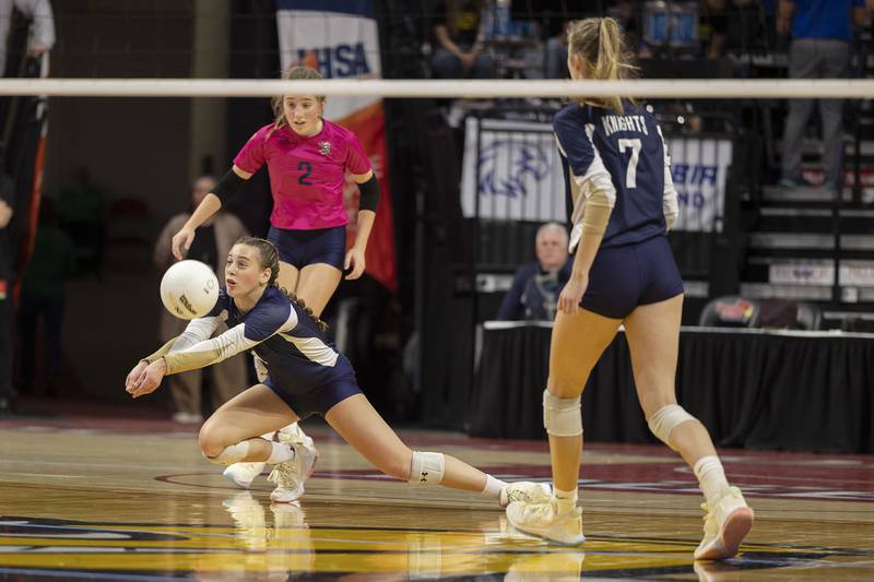 IC Catholic’s Ava Falduto plays a shot Friday, Nov. 11, 2022 during a class 2A semifinal volleyball game Friday, Nov. 11, 2022 against Freeburg.