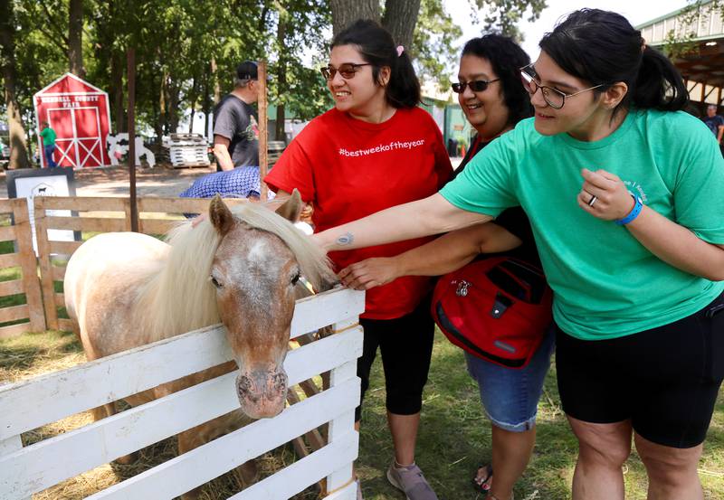 Peanut the Shetland pony gets pets from Savannah, Cassie and Peggy Stasik at the Kendall County Fair in Yorkville on Saturday, Aug. 2, 2025.