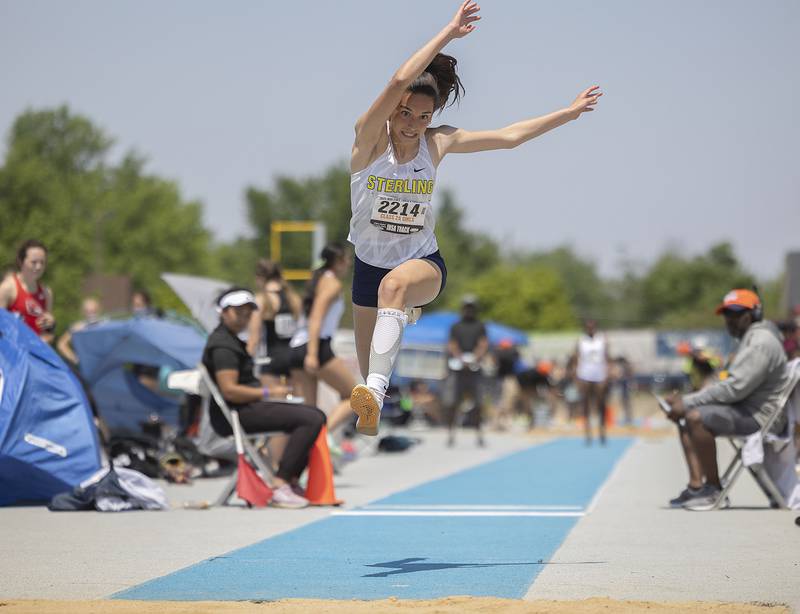 Sterling’s Alice Sotelo makes her jump in the 2A triple jump Saturday, May 20, 2023 during the IHSA state track and field finals at Eastern Illinois University in Charleston.