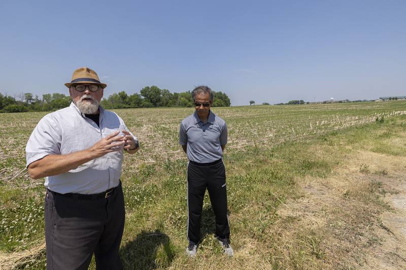 Alderman Jim Wise (left) speaks about Ybarra’s complex Thursday, June 8, 2023 at the hopeful site. Wise sees the proposal as a huge boon for development of the north side of Sterling.