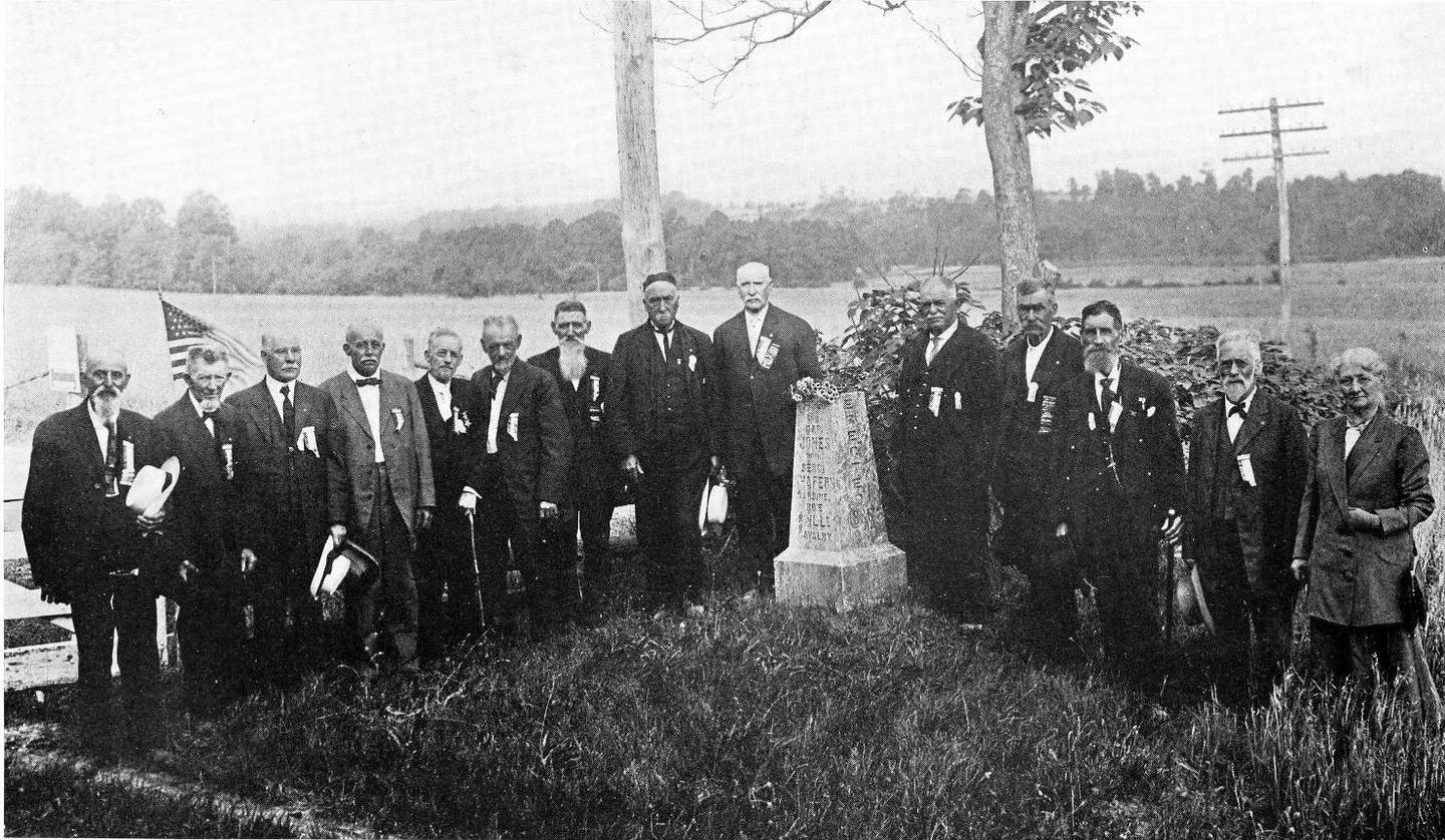 Eighth Illinois Cavalry veterans gathered at the First Shot Marker during the 50th anniversary of the Battle of Gettysburg, July 1913.