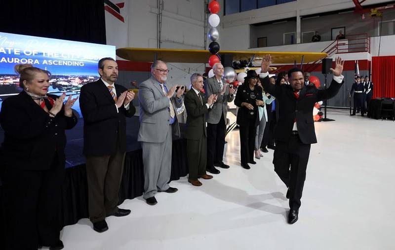 Aurora Mayor Richard Irvin acknowledges his guests before he gives his annual State of the City speech on Tuesday at the Aurora Municipal Airport in Sugar Grove.