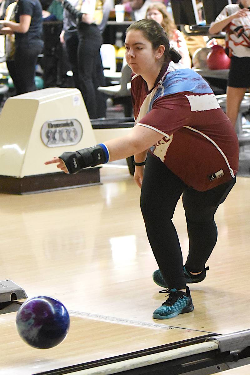 Kankakee's Mary Fine bowls during the All-City girls bowling meet at Brookmont Bowling Center in Kankakee on Wednesday, Feb. 5, 2025.