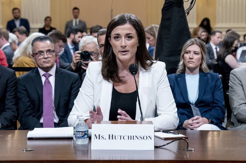 FILE - Cassidy Hutchinson, former aide to Trump White House chief of staff Mark Meadows, testifies as the House select committee investigating the Jan. 6 attack on the U.S. Capitol holds a hearing at the Capitol in Washington, Tuesday, June 28, 2022. (AP Photo/Andrew Harnik, Pool, File)