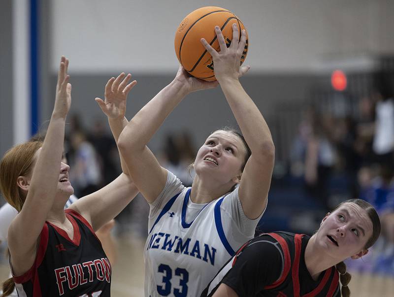 Newman’s Veronica Haley works below the basket against Fulton Tuesday, Nov. 25, 2025.