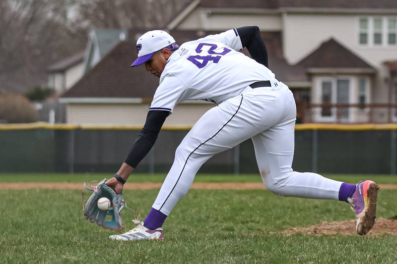 Plano's Jason Phillips (42) fields his position during baseball game between Sandwich at Plano on Thursday, April 9, 2025 in Plano.