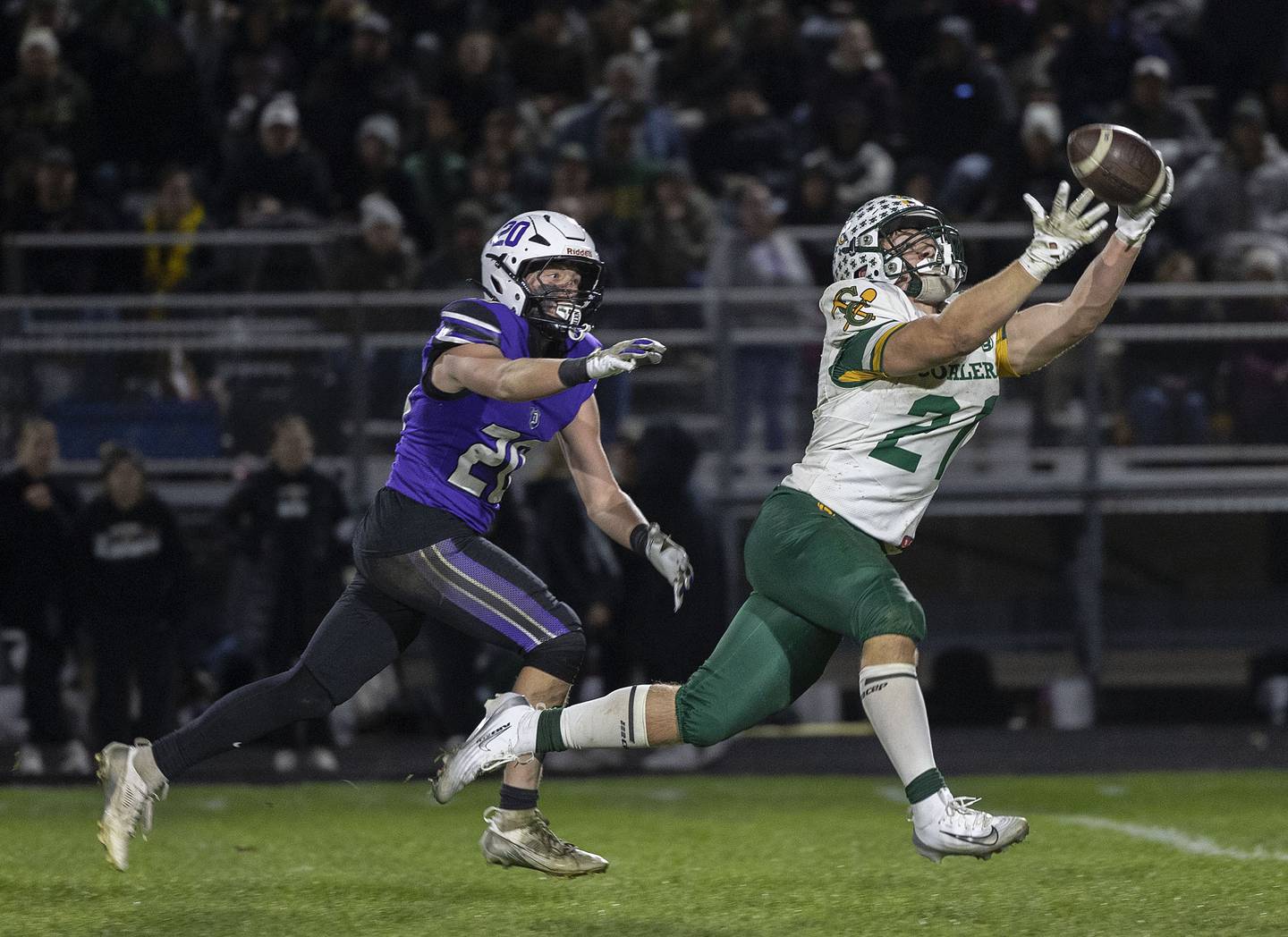 Coal City’s Logan Natyshok hauls in a catch against Dixon Friday, Nov. 7, 2025.