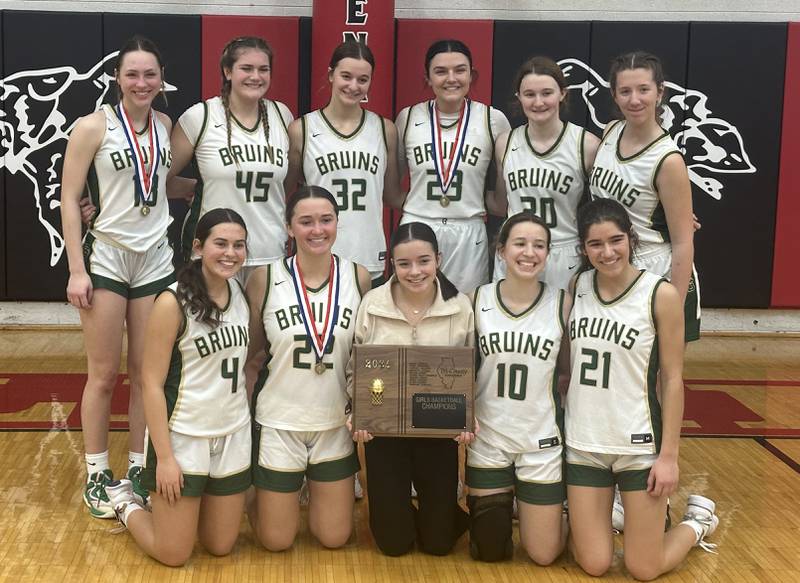 Members of the St. Bede Lady Bruin basketball team pose with the Tri-County Conference Tournament championship plaque after defeating Putnam County on Thursday, Jan. 18, 2024 at Henry-Senachwine High School.