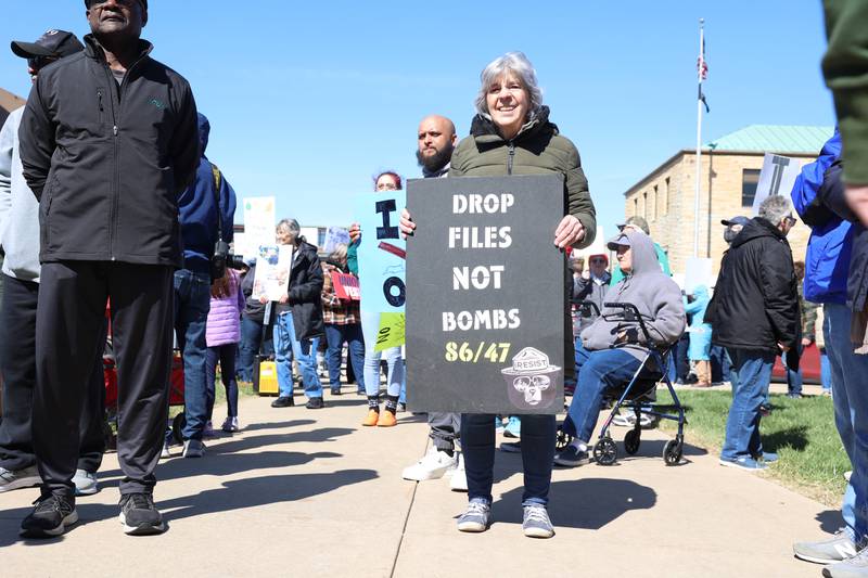 Protesters participate in the No Kings rally at the Kankakee County Courthouse on March 28, 2026.