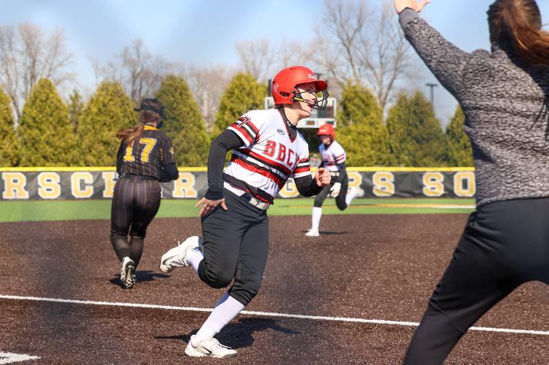 Bradley-Bourbonnais' Lydia Hammond rounds third base for home during their game against Herscher on Monday, March 23, 2026.