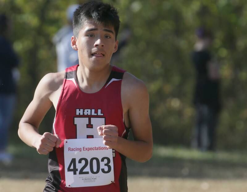 Hall's Eri Martinez-Prado runs in the Class 1A Regional Cross Country boys race on Saturday, Oct. 22, 2022 at the Seneca FFA Farm in Marseilles.