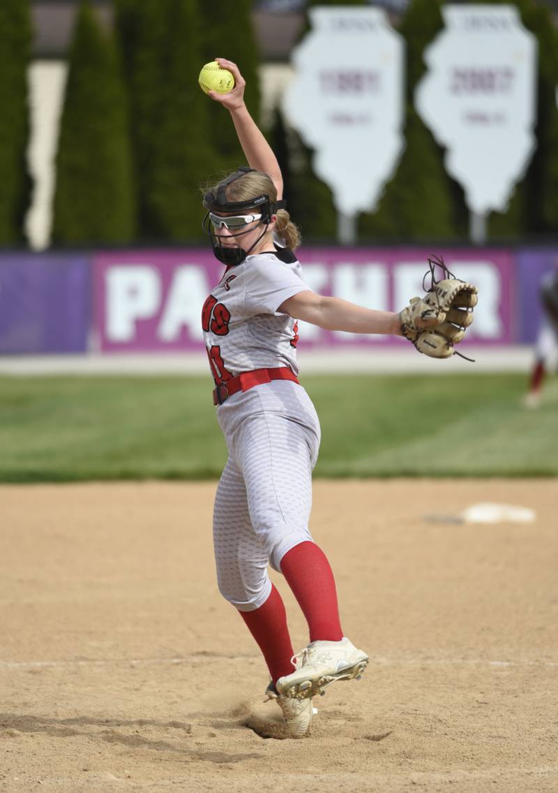 Bradley-Bourbonnais' Abbie Hofbauer pitches in a game against Manteno on Thursday, May 15, 2025.