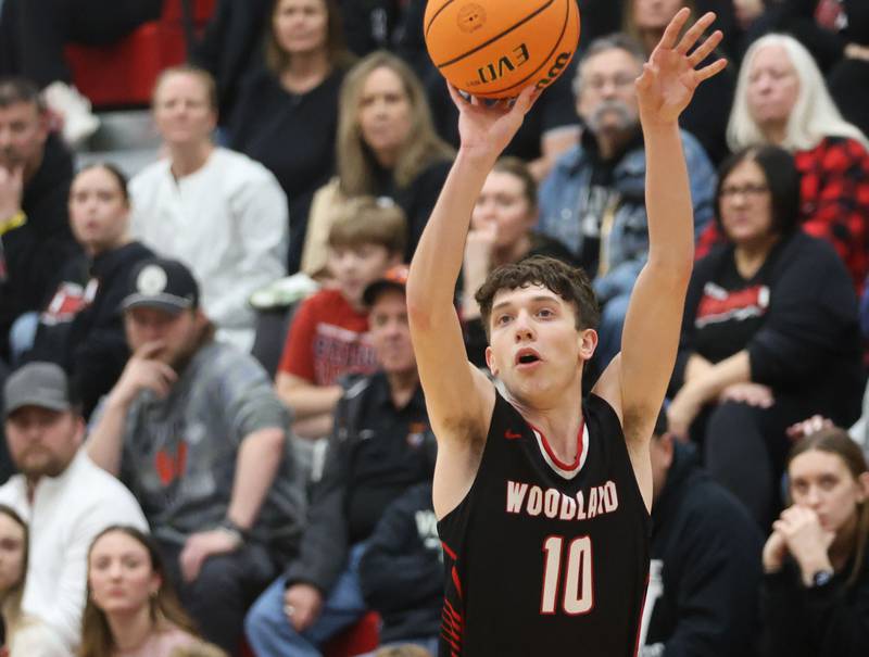 Woodland's Jaron Follmer lets go of a shot against Indian Creek during the Class 1A Sectional Semifinal game on Wednesday, March 4, 2026 at Amboy High School.