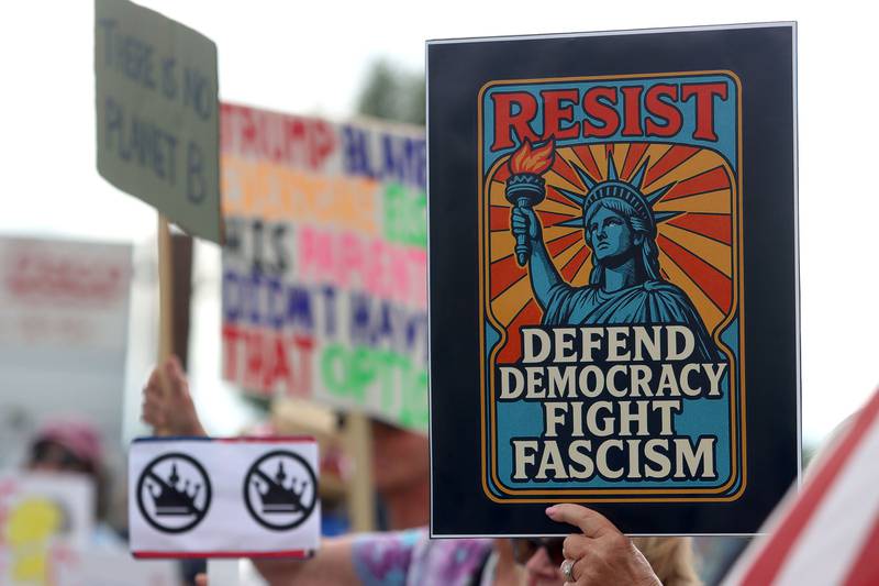 Crowds gathered for the “Good Trouble Lives On” protest along Route 14 in Crystal Lake on Thursday, July 17, 2025.