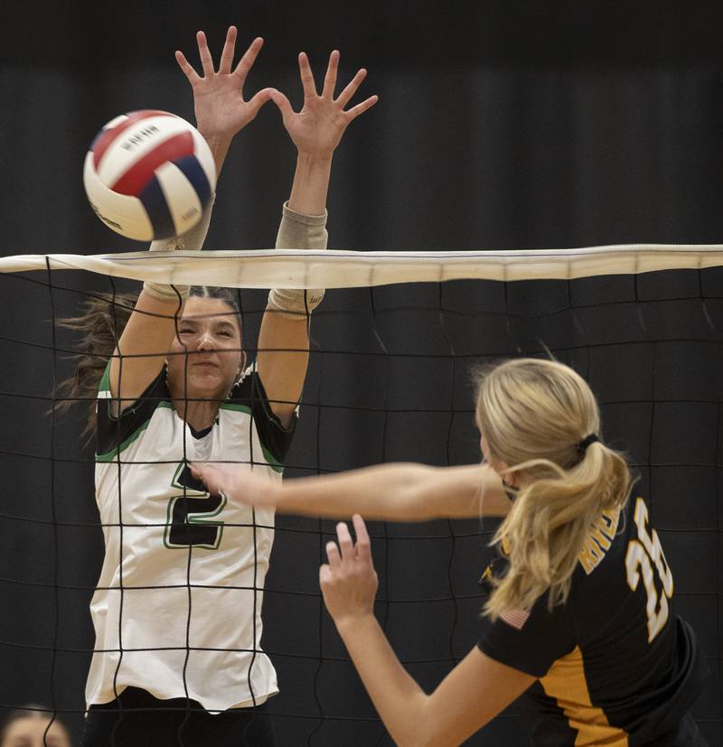 Rock Falls' Kaltrina Lecaj goes for the block against Riverdale’s Preslie WillemkensTuesday, Oct. 28, 2025, in the Class 2A regional semifinal at Rock Falls.