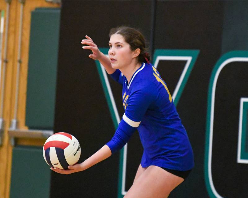 Lyons Township's Taylor Carroll (13) serves the ball during the game on Thursday Oct. 30, 2025, while taking on York in the regional title game held at York High School.